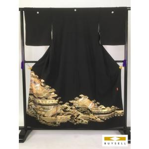 ◇着物 名品 黒留袖 黒 草花 扇 鶴 金彩 鴛鴦 落款有 正絹 袷 身丈159cm 裄丈64cm リサイクル バイセル