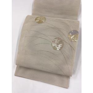 着物 名品 名古屋帯 灰色 ススキ 丸文 草花 鳥 波 金糸 夏帯 正絹  リサイクル バイセル PK10
