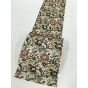 着物 美品 逸品 袋帯 ベージュ 菱屋善兵衛 尾長鳥 菊 牡丹 金糸 六通 正絹  リサイクル バイセル