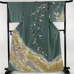 訪問着 美品 秀品 道長取り 草花 金彩 叩き染め風 緑 袷 身丈163cm 裄丈66cm M 正絹 【中古】 PK50