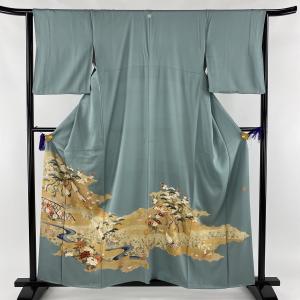 色留袖 秀品 落款あり 一つ紋 鶴 逆さ雲取り 金銀彩 青緑 袷 身丈157.5cm 裄丈63cm ...