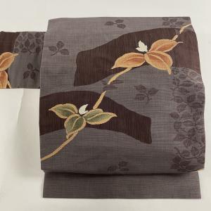 名古屋帯 優品 草花 茶紫 正絹 【中古】