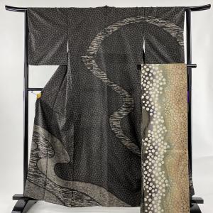 訪問着 秀品 袋帯セット 紬地 流水 墨流し 黒灰 袷 身丈162cm 裄丈64cm M 正絹 中古