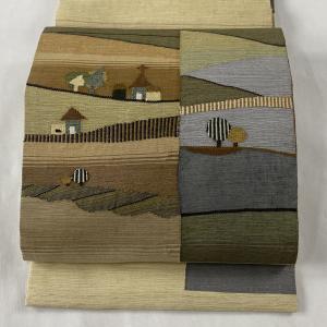 袋帯 美品 名品 リバーシブル 幾何学模様 風景 金糸 薄茶色 全通 正絹 中古