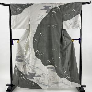 訪問着 美品 逸品 証紙あり 大島紬地 鳥獣戯画 霞 絞り 灰白 袷 身丈160.5cm 裄丈65.5cm M 正絹 中古