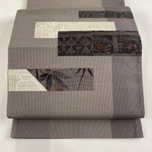 名古屋帯 優品 草花 灰紫 お太鼓柄 正絹 中古