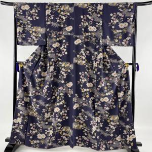 小紋 美品 秀品 草花 金彩 紫 袷 162.5cm 68cm L 正絹 中古