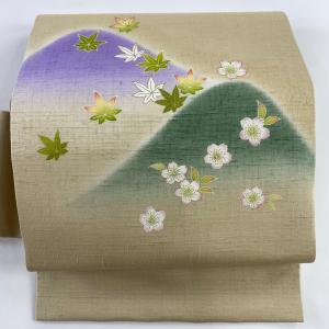 名古屋帯 美品 名品 紅葉 桜 金彩 ベージュ 正絹 中古