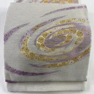 袋帯 美品 名品 証紙あり 縄文百綴れ 菊 渦巻き 金糸 箔 灰白 六通 正絹 中古