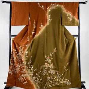 紬 美品 秀品 縞 幾何学模様 茶緑色 単衣 身丈168cm 裄丈67cm M 正絹 紬 美品 秀品 縞 幾何学模様 茶緑色 単衣 身丈168cm 裄丈67cm M 正絹