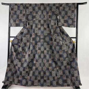 大島紬 美品 逸品 証紙あり 純泥染 永長織物 ほていや 草花 幾何学模様 焦茶色 袷 身丈164cm 裄丈67cm M 正絹 中古