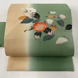 名古屋帯 美品 秀品 枝花 ぼかし 緑 正絹 中古