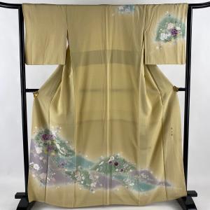 訪問着 身丈163.5cm 裄丈64cm M 袷 帝王紫 落款あり 枝花 草花 刺繍 金彩 薄茶色 正絹 逸品 中古｜kaipre