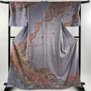 完売 身丈162cm 袷 山吹茶色 金彩 金糸 松竹梅 扇面 落款 花井幸子