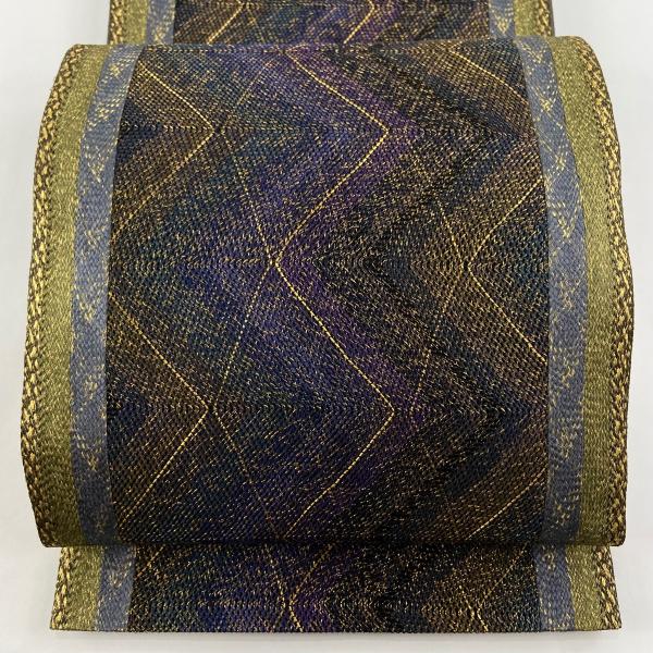 袋帯 美品 名品 幾何学模様 金糸 紫 全通 正絹 中古