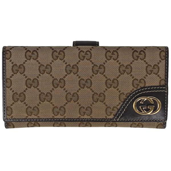 グッチ GUCCI GG柄 二つ折り 長財布 インターロッキングG Wホック GGキャンバス ブラウ...