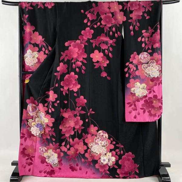 振袖 身丈170cm 裄丈68.5cm L 袷 桜 鞠 金彩 染分け 黒 正絹 美品 名品 中古