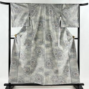 紬 身丈160cm 裄丈65cm M 袷 建物 草花 灰色 正絹 美品 名品 中古｜kaipre