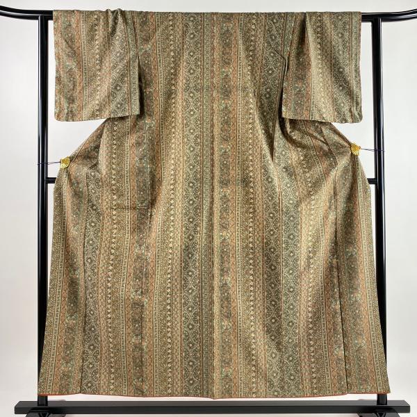 小紋 身丈155.5cm 裄丈64.5cm M 袷 紬地 華文 草花 茶緑色 正絹 美品 優品 中古