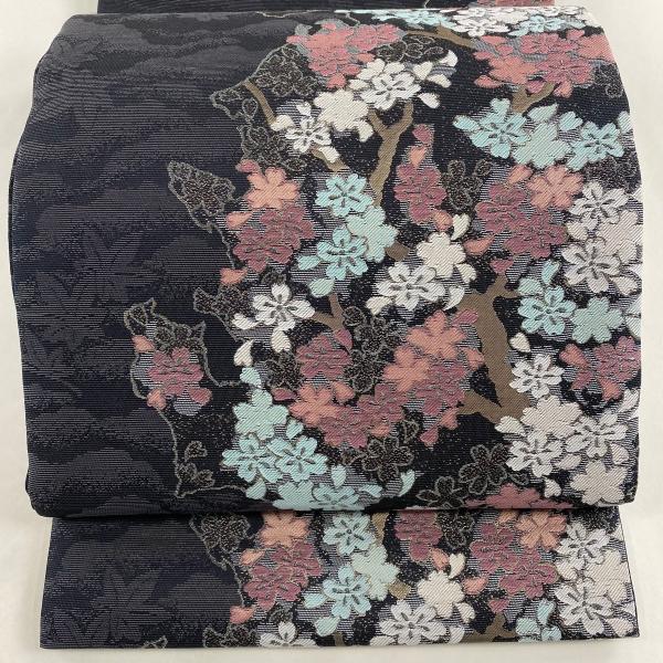 袋帯 美品 名品 証紙あり 桜 霞 箔 黒灰 六通 正絹 中古