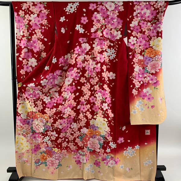 振袖 身丈168.5cm 裄丈69cm L 袷 anan 落款あり 牡丹 桜 箔 刺繍 赤 正絹 美...