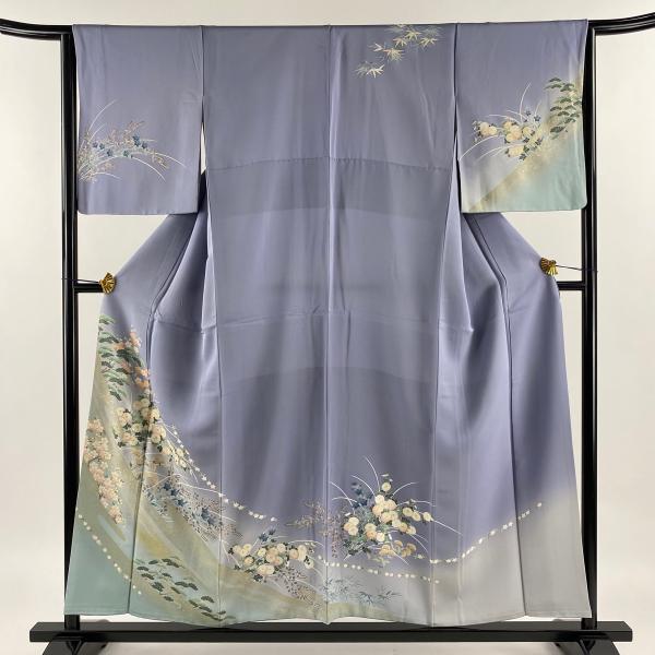 訪問着 身丈154cm 裄丈65cm M 袷 菊 松梅 金彩 ぼかし 青灰色 正絹 名品 中古