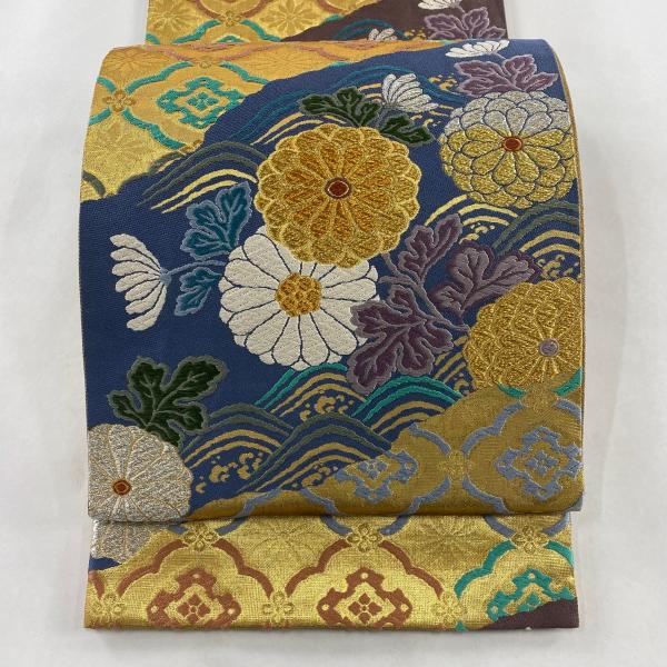 袋帯 美品 名品 波に菊華文 金銀糸 刺繍 金色 六通 正絹 中古