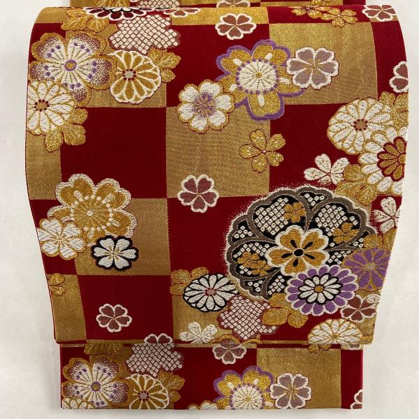 袋帯 美品 秀品 振袖向き 桜 市松 金糸 箔 赤 六通 正絹 中古