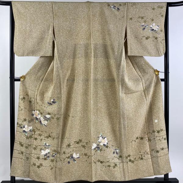 訪問着 身丈156cm 裄丈65cm M 単衣 椿 枝梅 茶緑色 正絹 美品 名品 中古