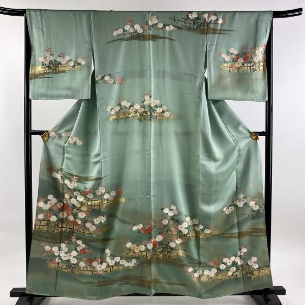 訪問着 身丈158cm 裄丈67.5cm L 袷 落款あり 菊 霞 金糸 金彩 薄緑 正絹 秀品 中...