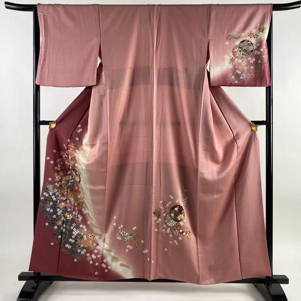 訪問着 身丈158cm 裄丈65cm M 袷 扇 桜 金銀彩 ぼかし ピンク 正絹 美品 秀品 中古