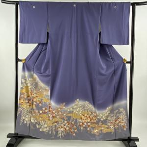 色留袖 身丈158cm 裄丈62.5cm S 袷 桜 霞 金糸 金彩 青紫 正絹 秀品 三つ紋 中古