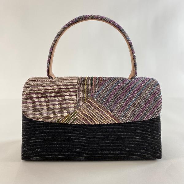 和装バッグ 美品 優品 セミフォーマル 幾何学模様 縞 箔 金糸 灰紫 正絹 和装小物  中古