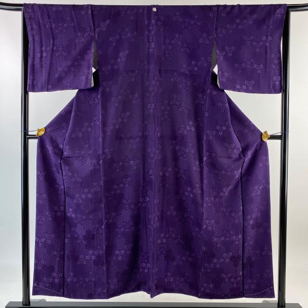 色無地 身丈153.5cm 裄丈64.5cm M 袷 地紋 濃紫 正絹 美品 秀品 一つ紋 中古