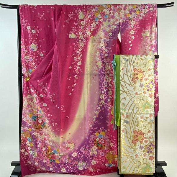 振袖 身丈171cm 裄丈68.5cm L 袷 袋帯フルセット 鞠 桜 金糸 箔 ピンク 正絹 秀品...