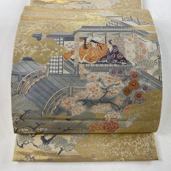 袋帯 優品 浄瑠璃物語 人物 金糸 刺繍 金色 六通 正絹 中古