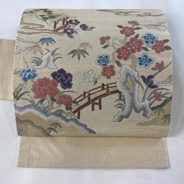 名古屋帯 美品 優品 橋 草花 金糸 ベージュ 正絹 中古