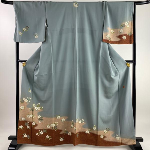 訪問着 身丈164cm 裄丈71.5cm L 袷 花井幸子 落款あり 桜 霞 金糸 刺繍 青灰色 正...