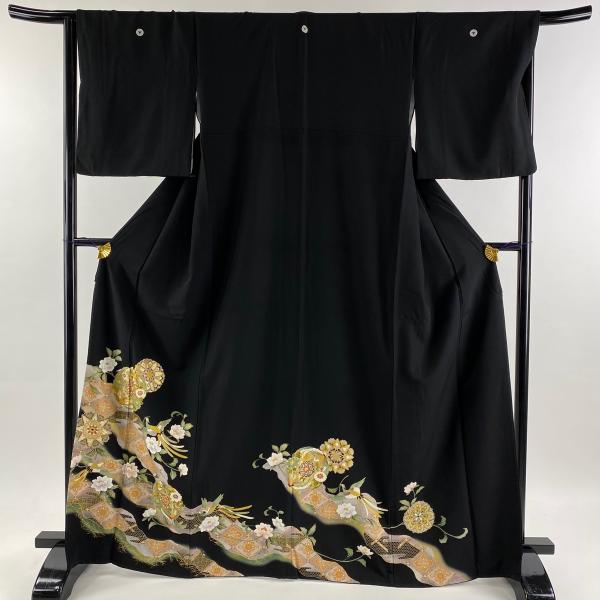 黒留袖 身丈165.5cm 裄丈66.5cm M 袷 花喰い鳥 華文 金糸 金彩 黒 正絹 優品 中...