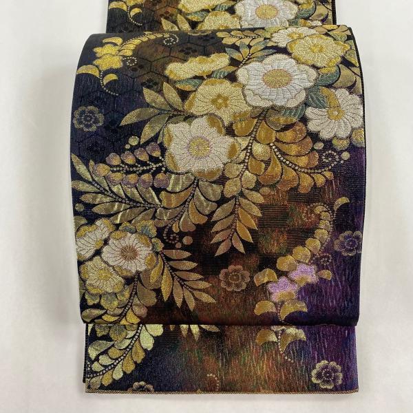 袋帯 美品 秀品 辻が花柄 金糸 箔 紫 六通 正絹 中古