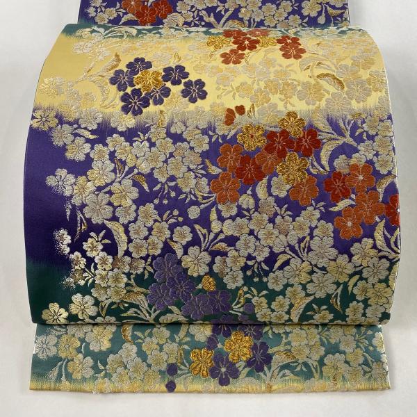 袋帯 美品 秀品 加納幸 落款あり 桜 唐織 染め分け 紫 六通 正絹 中古