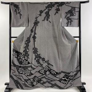 訪問着 身丈165cm 裄丈67cm M 袷 枝垂れ桜 草花 総絞り 黒 正絹 美品 名品 中古｜kaipre