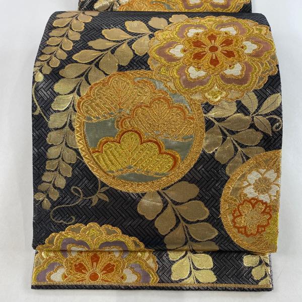 袋帯 美品 秀品 華文 笠松 金糸 純プラチナ箔 墨色 全通 正絹 中古