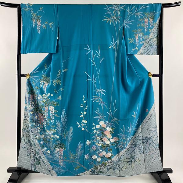 訪問着 身丈161cm 裄丈63.5cm S 袷 落款あり 草花 竹 青緑 正絹 秀品 中古