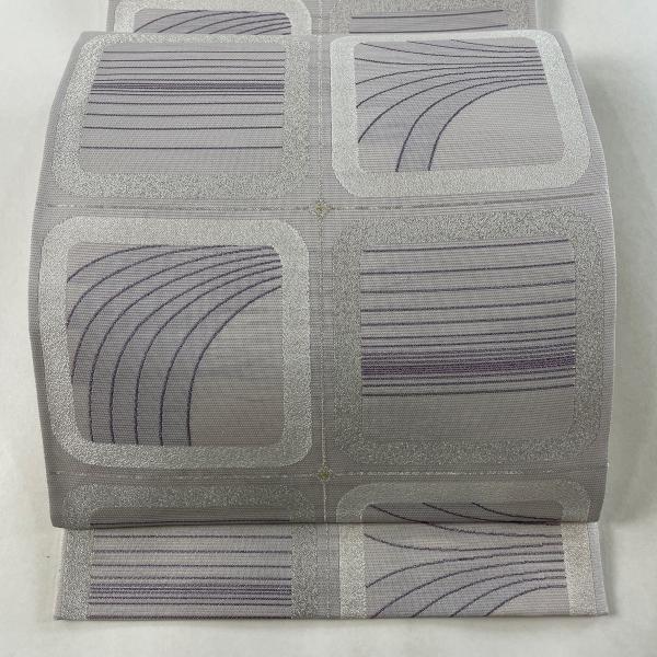 袋帯 美品 名品 夏帯 光の芸術 幾何学模様 縞 金銀糸 灰紫 六通 正絹 中古