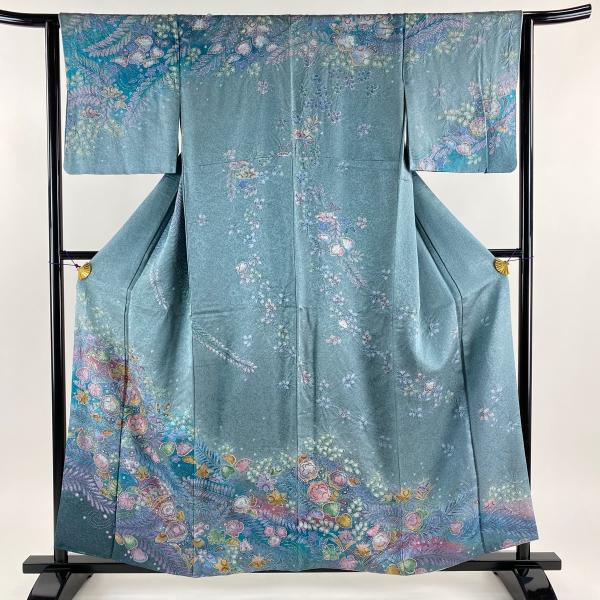 訪問着 身丈157.5cm 裄丈63cm S 袷 辻が花柄 金彩 ぼかし 青緑 正絹 美品 秀品 中...