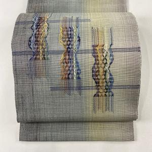 開き名古屋帯 美品 秀品 幾何学 金糸 青灰色 正絹 中古