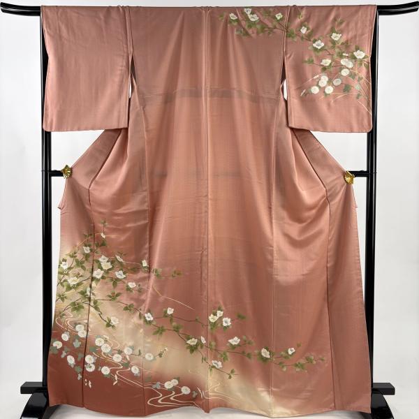 訪問着 身丈165cm 裄丈67cm M 袷 枝花 菊 金彩 ぼかし ピンク 正絹 秀品 中古