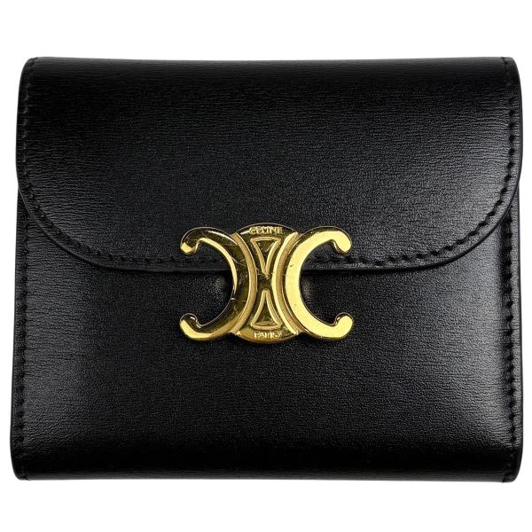 セリーヌ CELINE トリオンフ 三つ折り財布 レザー ブラック レディース 中古