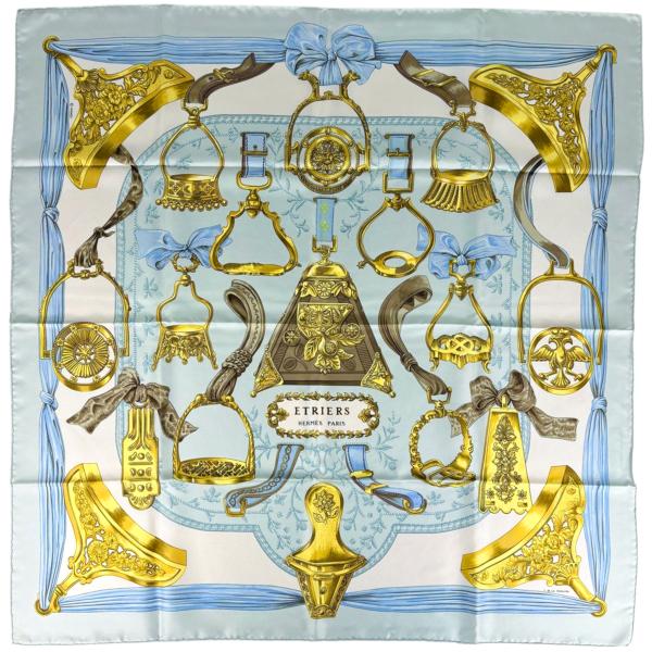 エルメス HERMES カレ90 ETRIERS スカーフ 鎧 シルク ライトブルー マルチカラー ...